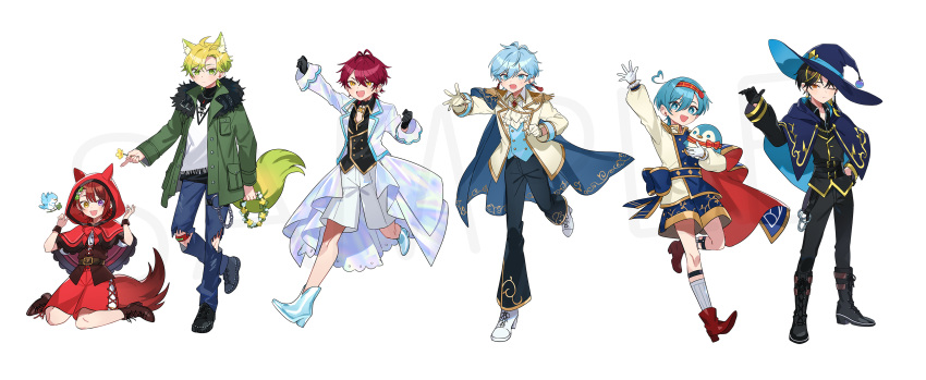 6+boys, absurdres, ahoge, amptakxcolors, animal_ear_fluff, animal_ears, ankle_boots, arm_up