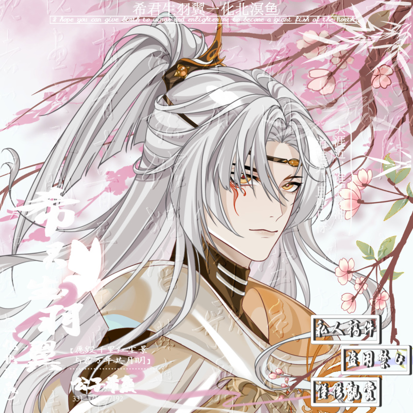 1boy, black_shirt, blunt_ends, cherry_blossoms, chinese_clothes, chinese_commentary, closed_mouth, curtained_hair