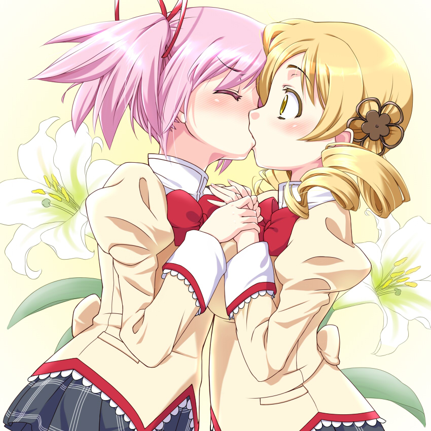 2girls, bad_id, blonde_hair, blush, closed_eyes, drill_hair, eyes_closed, flower
