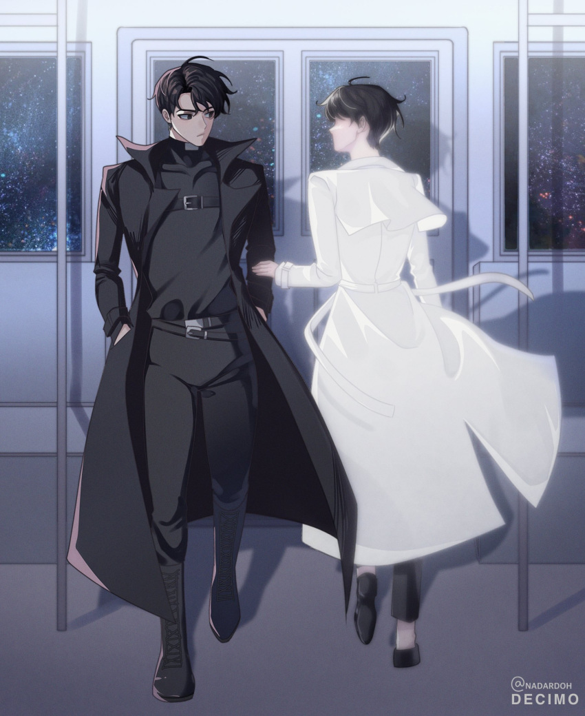 2boys, black_coat, black_eyes, black_hair, blurry, censored, censored_identity, coat