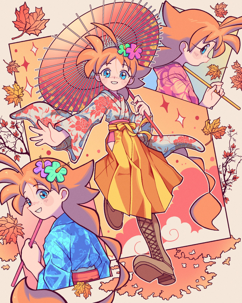 1girl, absurdly_long_hair, absurdres, ahiru_(princess_tutu), ahoge, alternate_costume, autumn, autumn_leaves