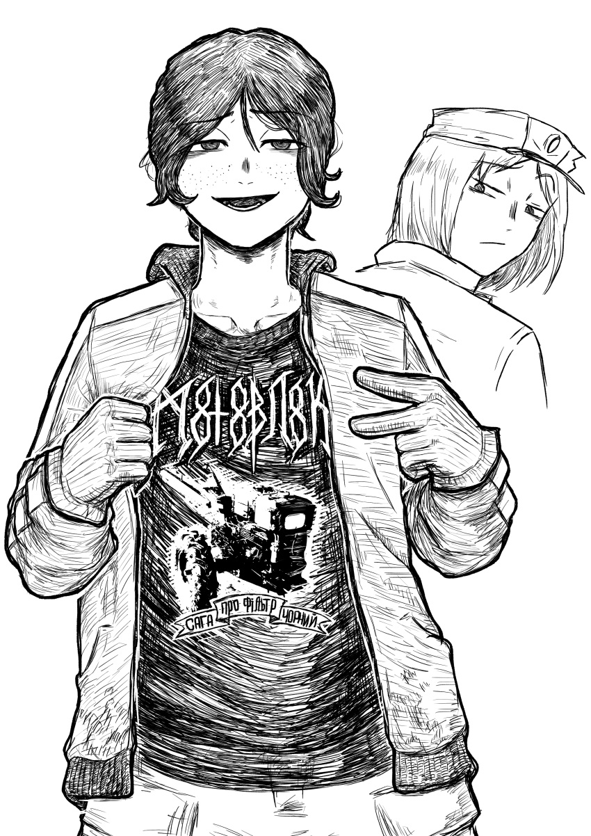2girls, :d, absurdres, brand_name_imitation, commentary, cropped_shoulders, english_commentary, gloves