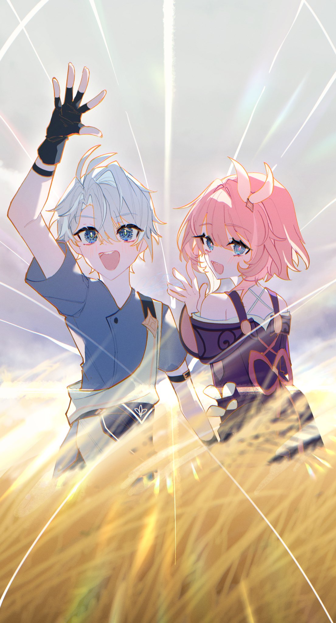 1boy, 1girl, aged_down, ahoge, black_gloves, blue_eyes, blue_shirt, coat