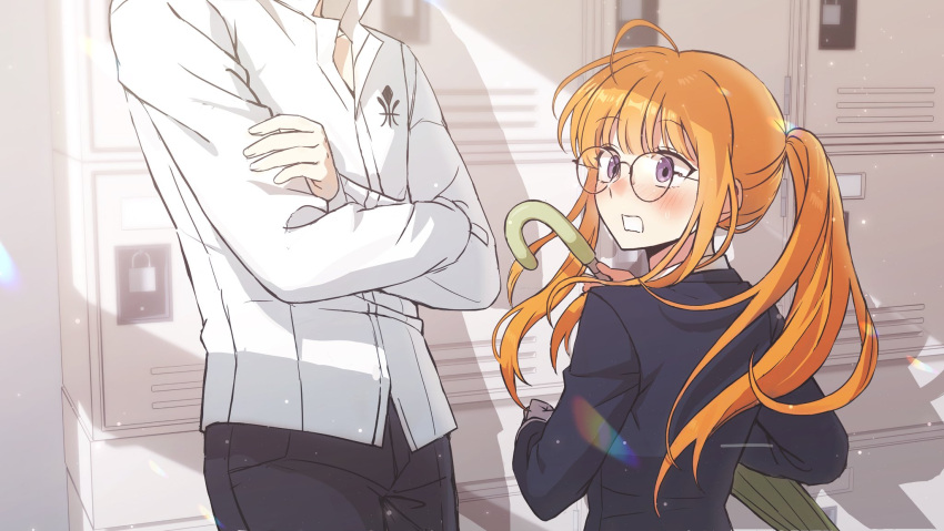 1boy, 1girl, blush, crossed_arms, getabako, glasses, hair_up, highres