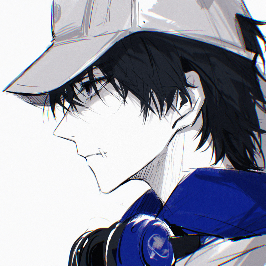 1boy, baseball_cap, black_hair, blue_eyes, blue_hoodie, chinese_text, closed_mouth, eyelashes