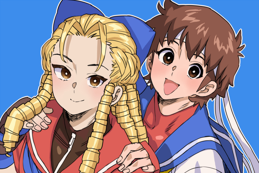 2girls, :d, blonde_hair, blue_background, blue_bow, bow, bright_pupils, closed_mouth, commentary_request, hair_bow, headband, kanzuki_karin, kasugano_sakura, long_hair, multiple_drills, multiple_girls, outline, simple_background, smile, street_fighter, wakaho_riku, white_headband, white_outline, white_pupils, yellow_eyes