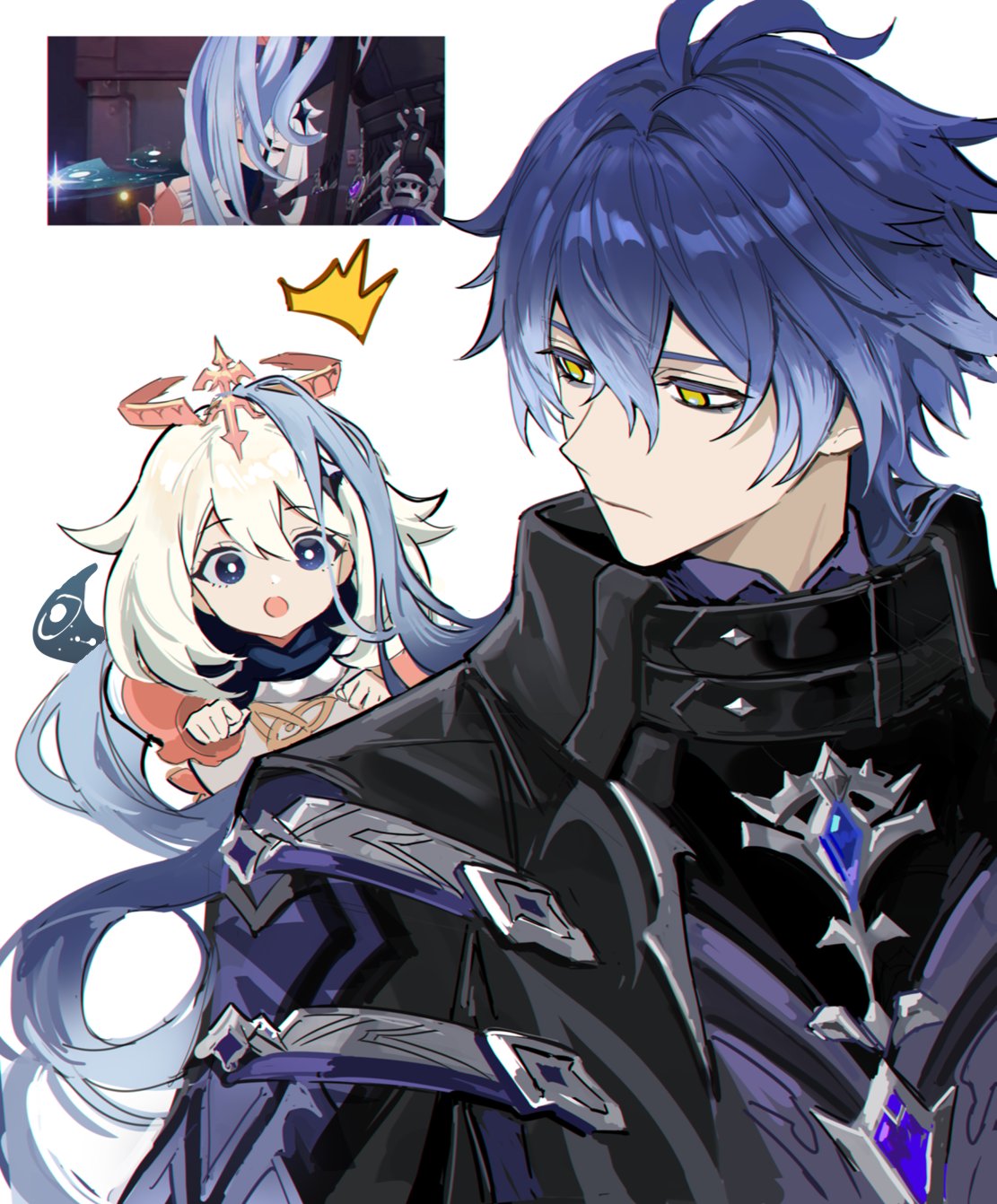 1boy, 1girl, :o, ^^^, antenna_hair, black_cape, black_capelet, black_eyes