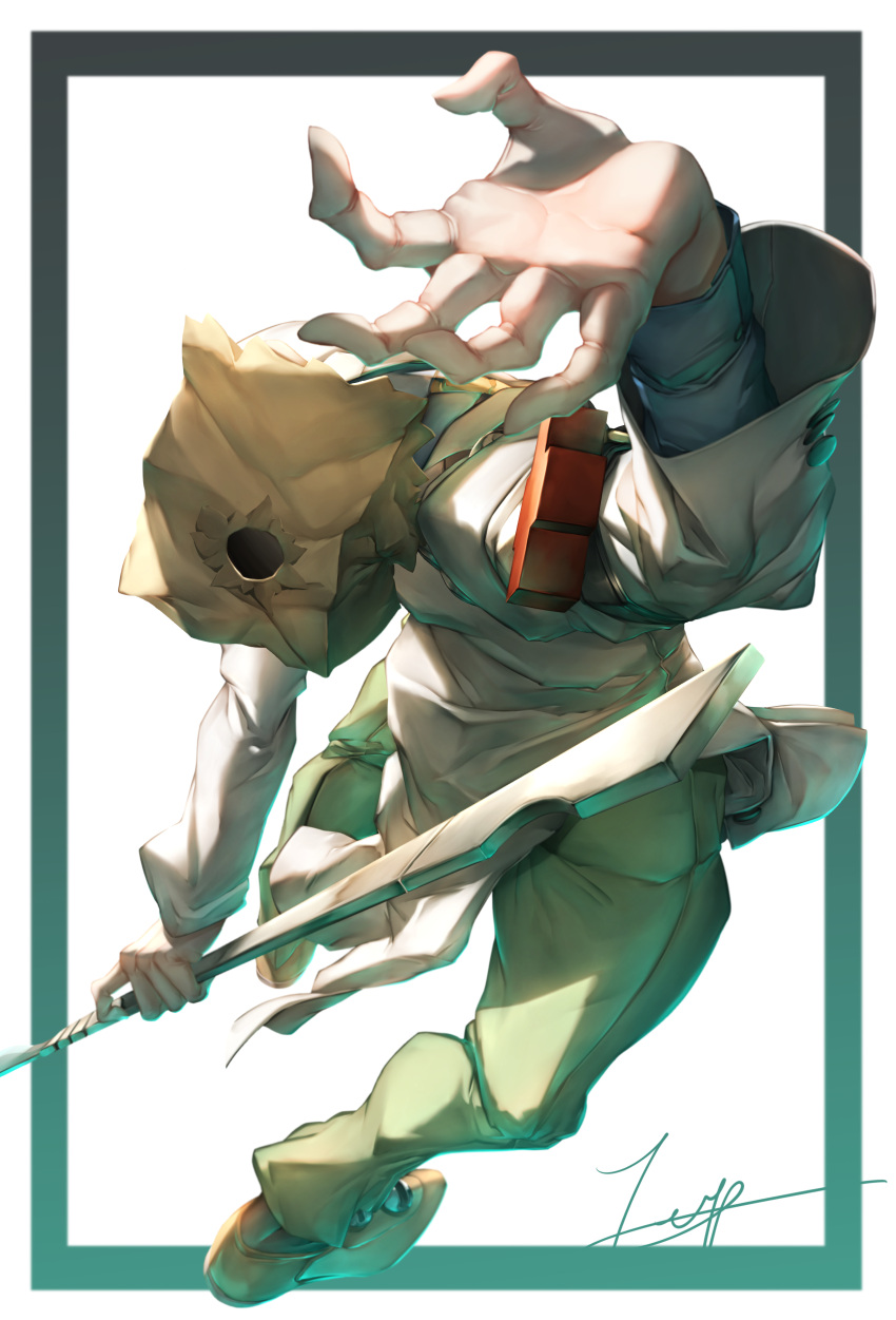 1boy, absurdres, bag, bag_over_head, brown_shoes, faust_(guilty_gear), full_body, green_pants