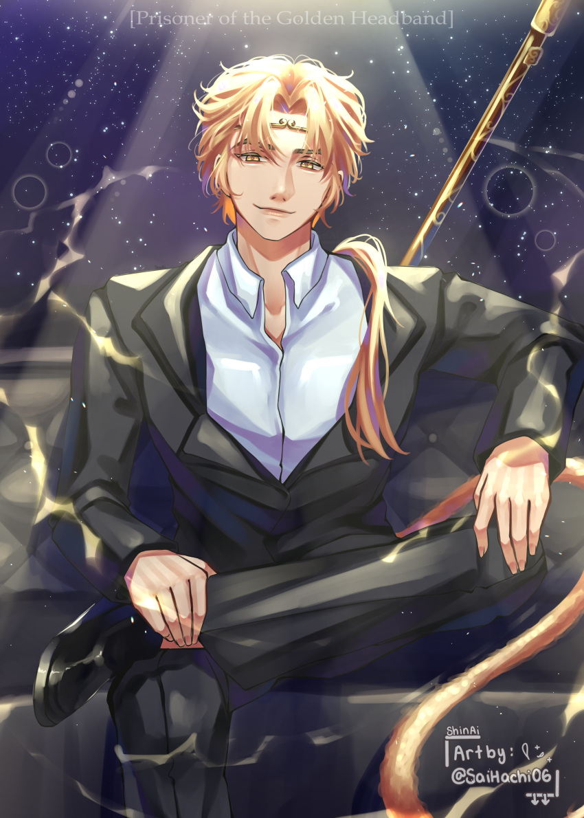 1boy, absurdres, black_coat, blonde_hair, character_name, coat, collared_shirt, curtained_hair