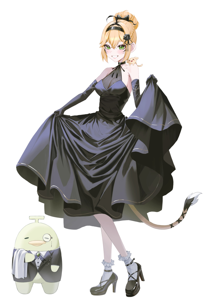 1girl, absurdres, alternate_costume, animal_on_shoulder, armpit_crease, bare_shoulders, black_dress, blonde_hair