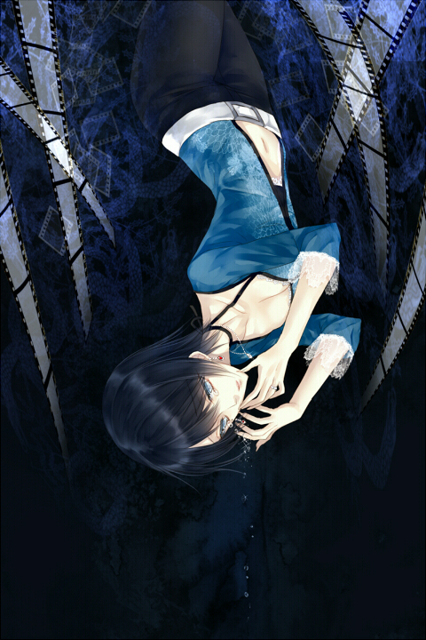 black_hair, blue_eyes, blush, breasts, cleavage, collar, earrings, fatal_frame