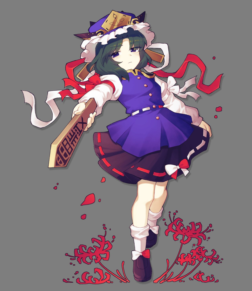 1girl, black_shoes, black_skirt, blue_eyes, blue_hat, blue_vest, bow, breasts