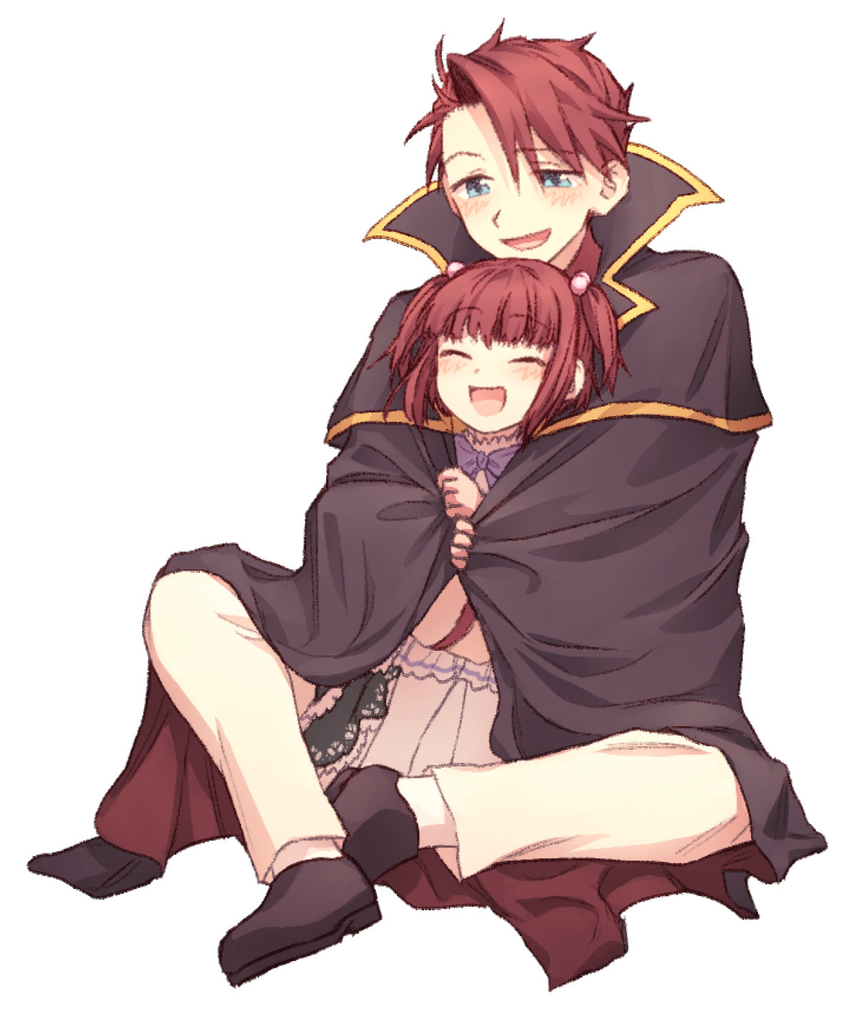 1boy, 1girl, :d, affectionate, black_cape, black_shoes, blue_eyes, brother_and_sister