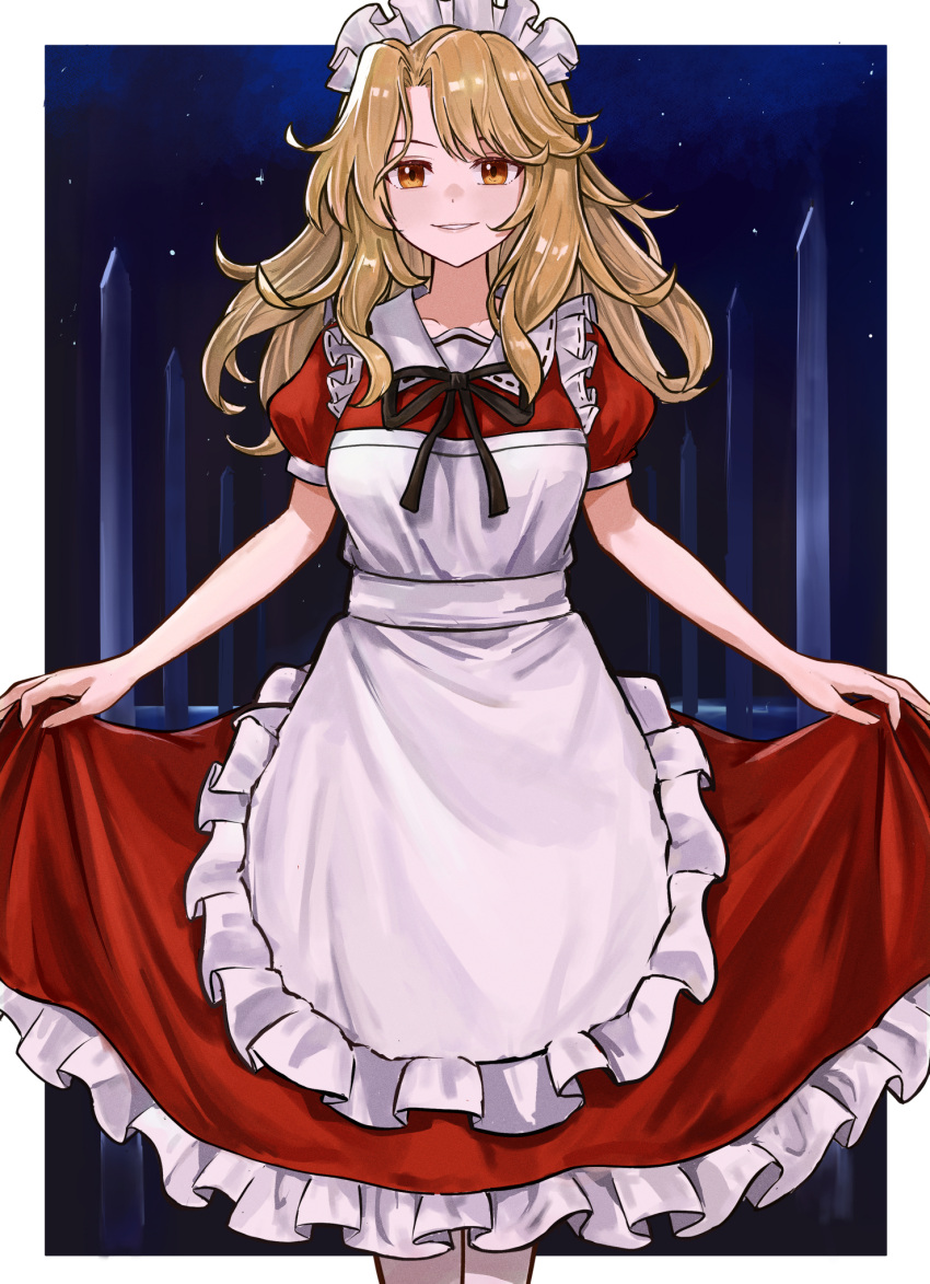 1girl, apron, black_ribbon, blonde_hair, collarbone, commentary, dress, frilled_apron, frilled_dress, frills, highres, long_hair, looking_at_viewer, maid, maid_apron, maid_headdress, neck_ribbon, orange_eyes, puffy_short_sleeves, puffy_sleeves, red_dress, ribbon, short_sleeves, skirt_hold, smile, solo, tentaizukan, touhou, touhou_(pc-98), white_apron, yumeko_(touhou)