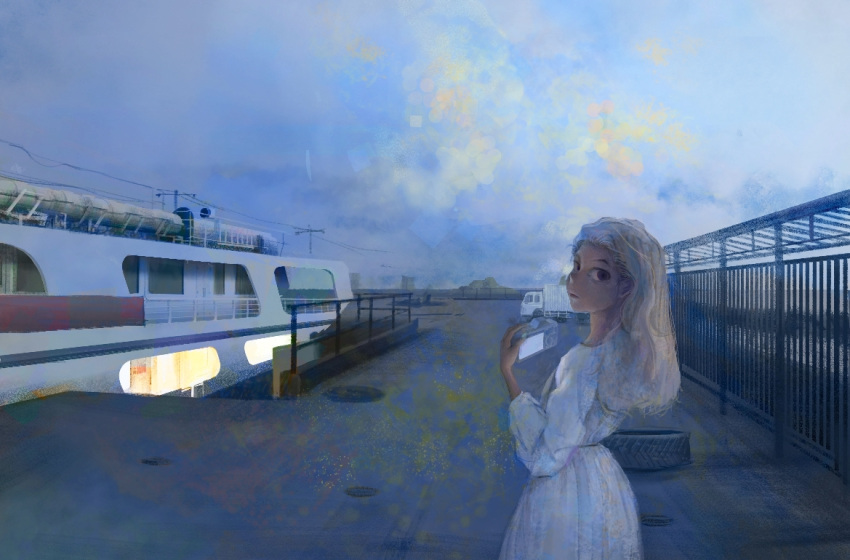 1girl, camera, commentary, holding, holding_camera, lajurcookie, long_hair, motor_vehicle