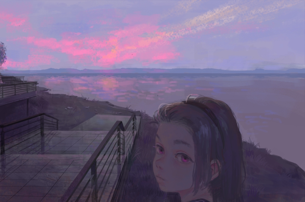1girl, clouds, commentary, headband, horizon, lajurcookie, long_hair, ocean, original, outdoors, scenery, sky, solo, tree