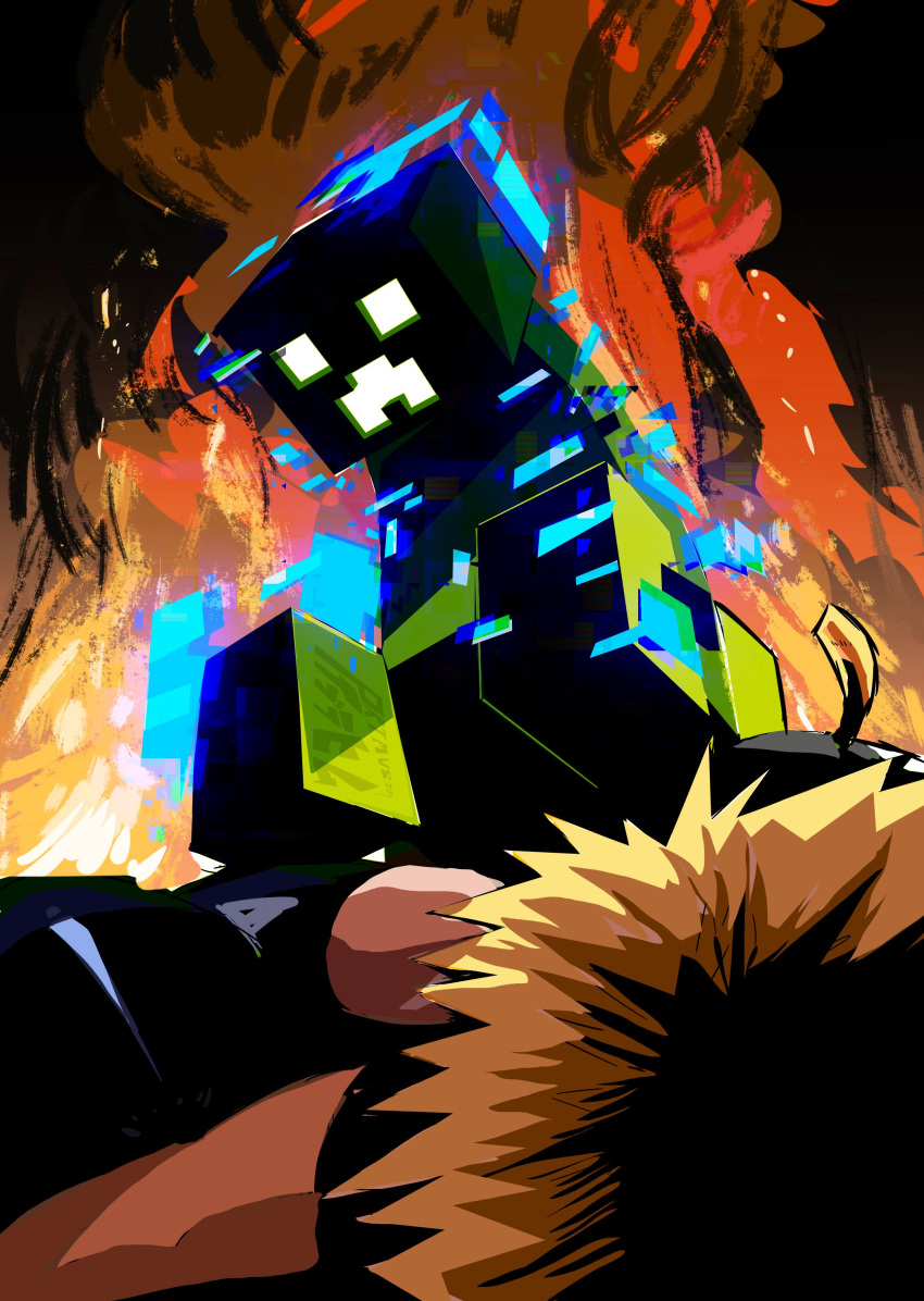 absurdres, after_battle, angry_birds, aura, bomb_(angry_birds), bomb_devil_(chainsaw_man), chainsaw_man, charged_creeper, creeper, crossover, defeat, face_in_shadow, fire, full_body, glowing, glowing_eyes, highres, minecraft, primusibi, smoke, solo_focus, spiky_hair, standing_on_person, trampling
