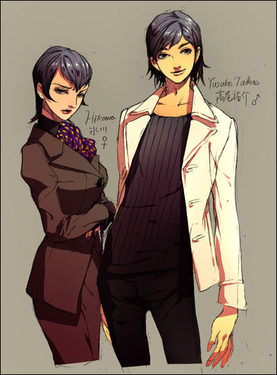 1boy, 1girl, black_hair, black_shirt, brown_background, crossed_arms, formal_clothes, genderswap