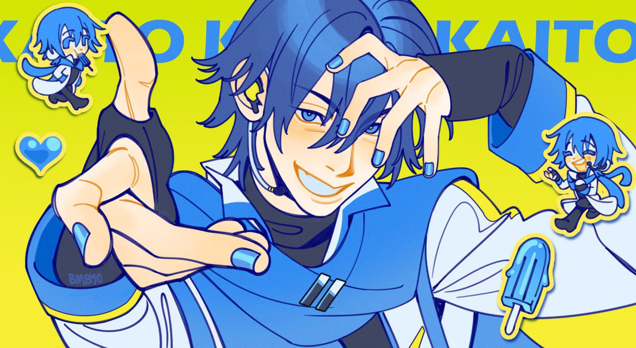 1boy, :d, ^_^, artist_name, black_pants, black_shoes, blue_eyes, blue_hair