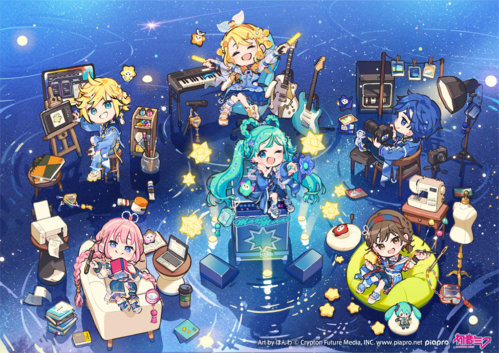 2boys, 4girls, :d, ;d, ^_^, amplifier, aqua_eyes, aqua_hair