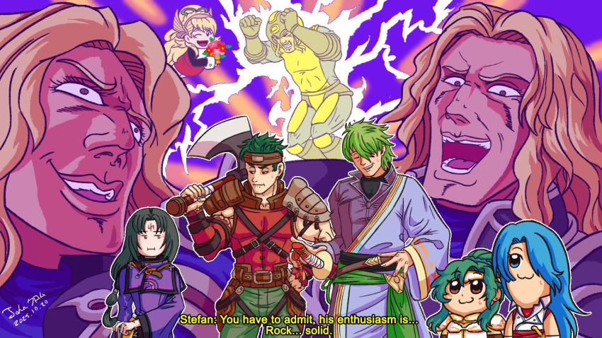 3girls, 4boys, axe, bkub_(style), black_hair, blonde_hair, blue_eyes, blue_hair, boyd_(fire_emblem), brown_eyes, capelet, commentary, dated, elincia_ridell_crimea, english_commentary, english_text, facial_mark, fire_emblem, fire_emblem:_path_of_radiance, fire_emblem_heroes, forehead_mark, green_eyes, green_hair, gromell, hair_over_one_eye, highres, holding, holding_axe, john_chrom, long_hair, lucia_(fire_emblem), male_focus, mega_man_(series), multiple_boys, multiple_girls, multiple_views, open_mouth, over_shoulder, parody, sharena_(fire_emblem), short_hair, soren_(fire_emblem), soren_(isolated_strategist)_(fire_emblem), stefan_(fire_emblem), subtitled, weapon, weapon_over_shoulder