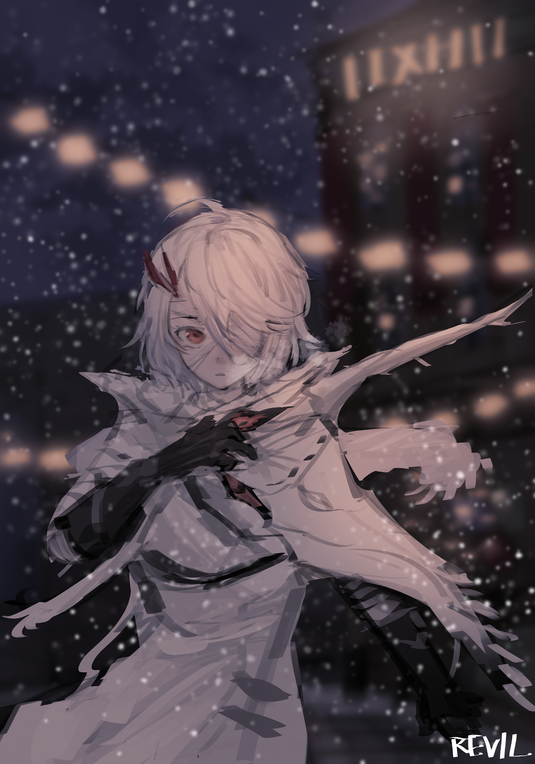 1girl, ahoge, artist_name, black_gloves, building, cloak, commentary, duet_night_abyss