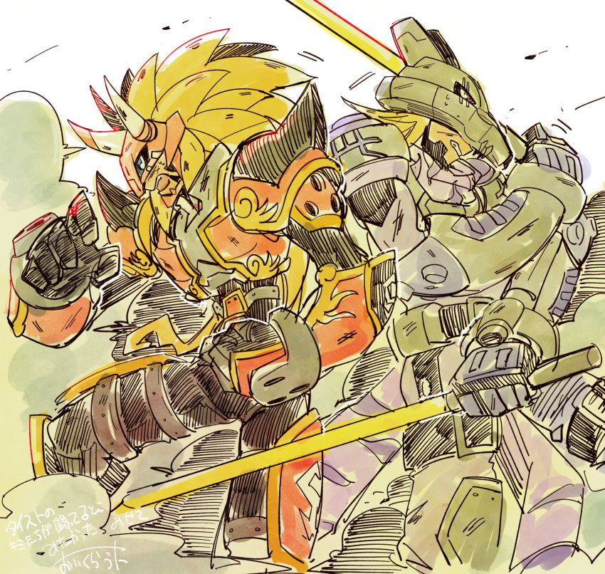 2boys, 96uni69, agnimon, armor, back-to-back, battle_damage, blonde_hair, blue_eyes