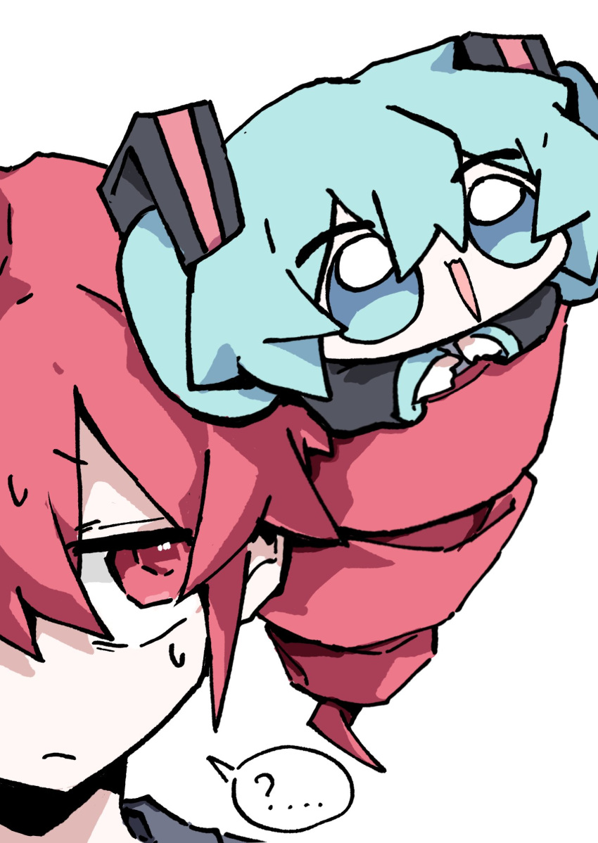 2girls, ?, aqua_eyes, aqua_hair, drill_hair, hair_ornament, hatsune_miku, highres