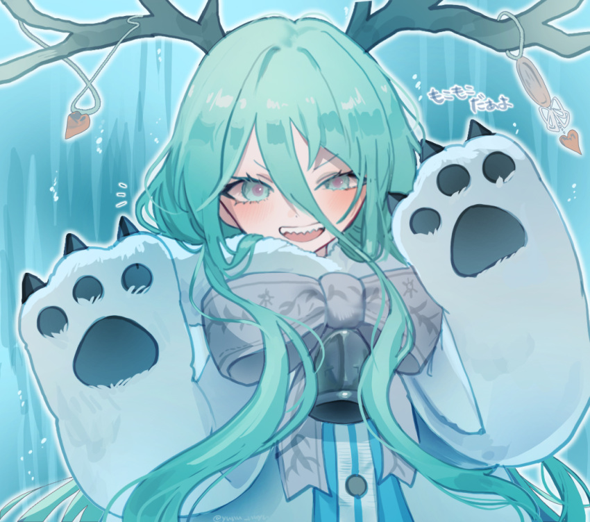 1girl, animal_hands, antler_ornament, antlers, bell, blush, bow, commentary_request