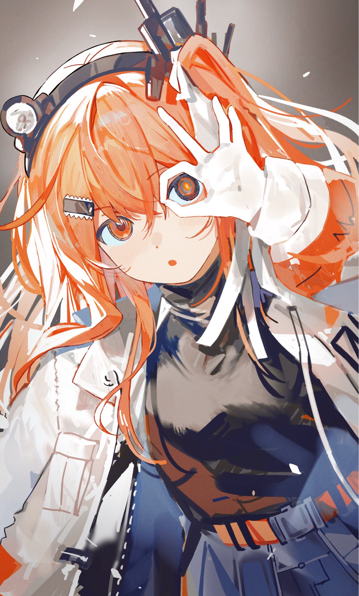 1girl, a.i._voice, adachi_rei, black_shirt, hair_ornament, headlamp, highres, jacket