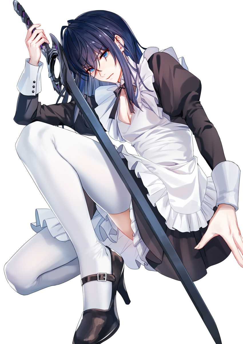 1boy, absurdres, alternate_costume, androgynous, apron, black_hair, blue_hair, chinese_commentary