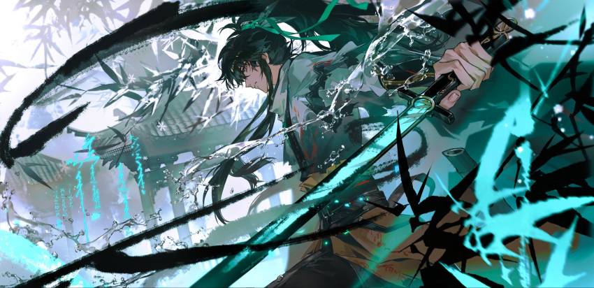 architecture, blind, chinese_clothes, chinese_text, east_asian_architecture, green_ribbon, green_sword, grey_eyes, highres, holding, holding_sword, holding_weapon, ink_splatter, libuqilai, long_hair, male_focus, ponytail, qiuyuan_(wuthering_waves), ribbon, sword, water_drop, weapon, wuthering_waves