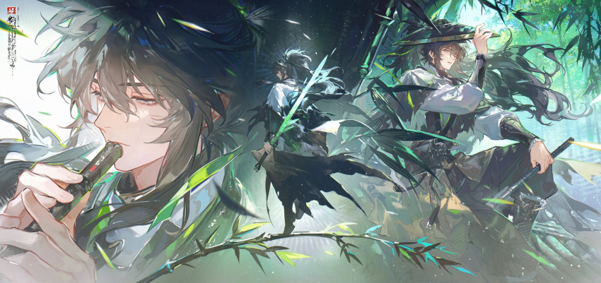 bamboo, bamboo_forest, blind, chinese_clothes, duplicate, flute, forest, green_sword