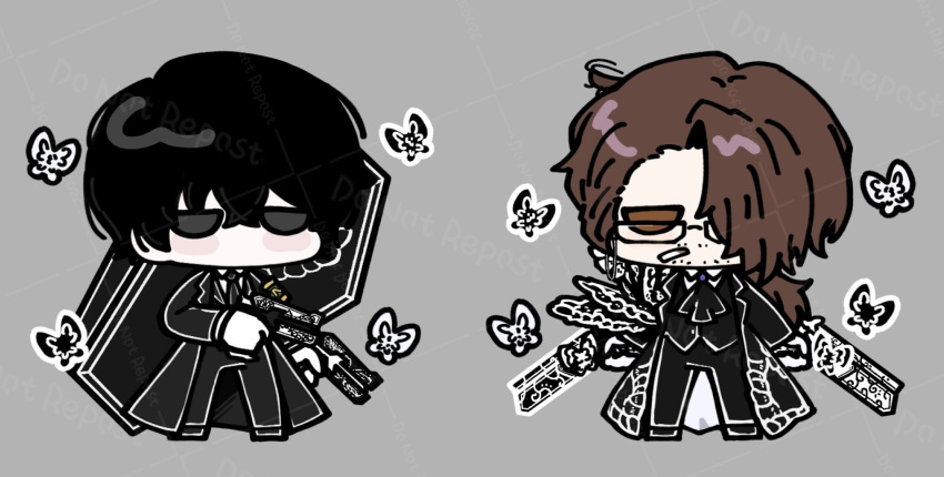 2boys, animal_print, armband, beard_stubble, black_armband, black_butterfly, black_coat, black_eyes