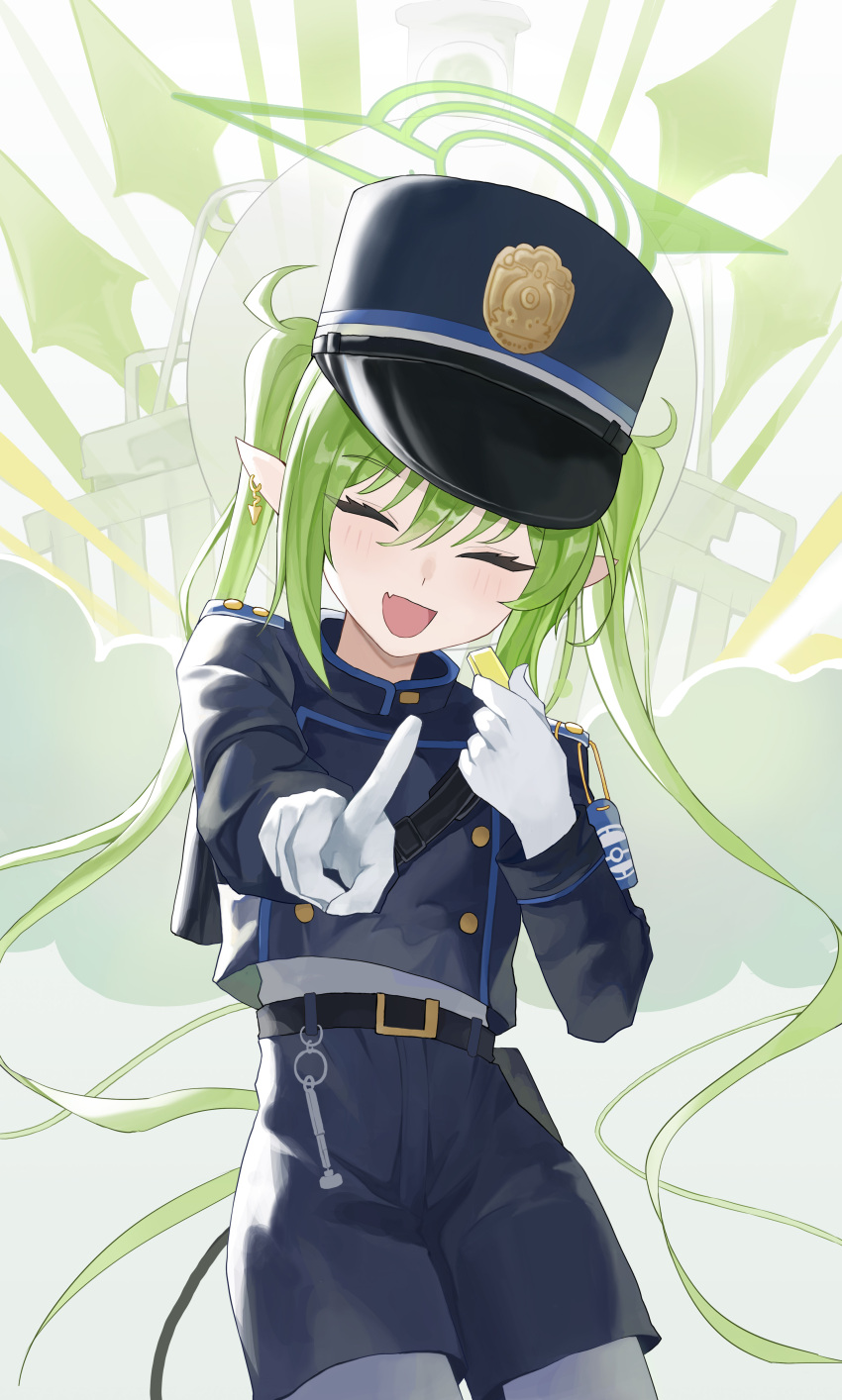 1girl, 863255464, :d, absurdres, armband, belt, black_tail, blue_archive, blue_armband, buttons, closed_eyes, commentary_request, cowboy_shot, double-breasted, earrings, facing_viewer, fang, green_hair, green_halo, halo, hat, highres, holding, holding_whistle, jewelry, nozomi_(blue_archive), open_mouth, peaked_cap, pointing, pointing_at_viewer, shorts, sidelocks, skin_fang, smile, solo, twintails, whistle