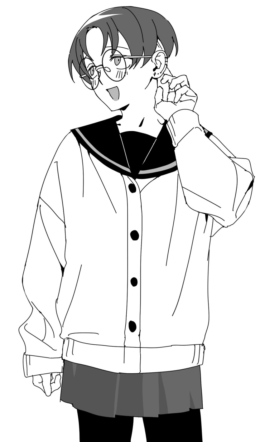 1girl, :d, aa_kabeuchi, arm_at_side, blush, cardigan, commentary, cowboy_shot