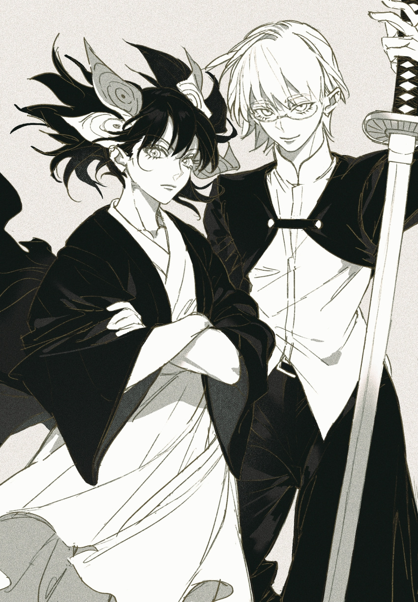 2girls, character_request, chinese_commentary, collarbone, collared_shirt, commentary, cropped_jacket, crossed_arms