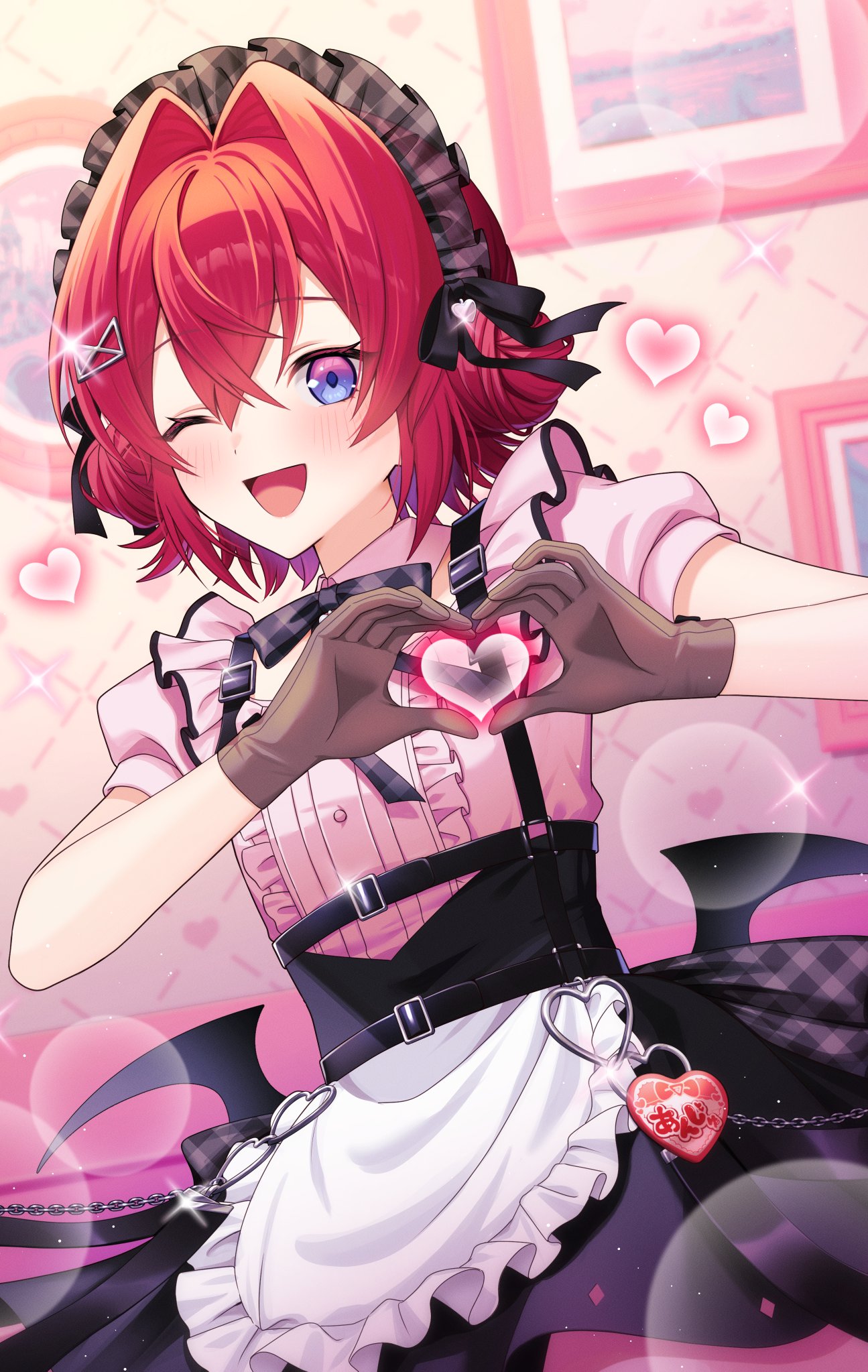 1girl, :d, ange_katrina, apron, bat_wings, black_headdress, black_ribbon, black_skirt