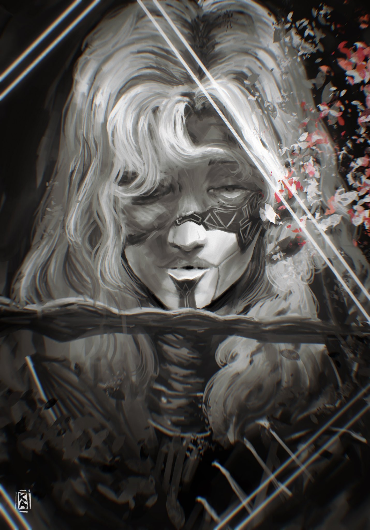 1girl, alicia_(clair_obscur:_expedition_33), clair_obscur:_expedition_33, commentary, cracked_skin, english_commentary, flower, greyscale