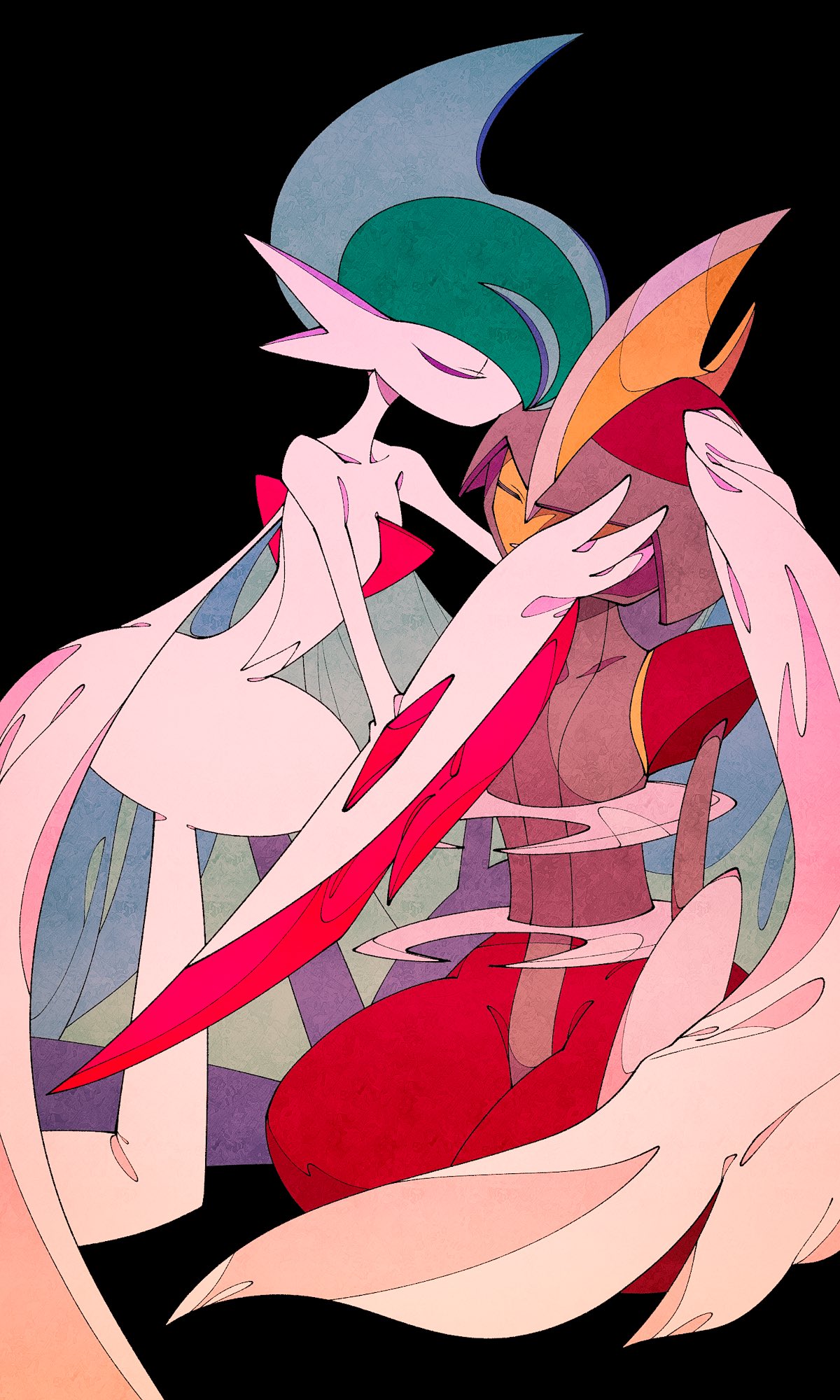 2others, arm_blade, bisharp, black_background, capelet, closed_eyes, colored_skin, comforting
