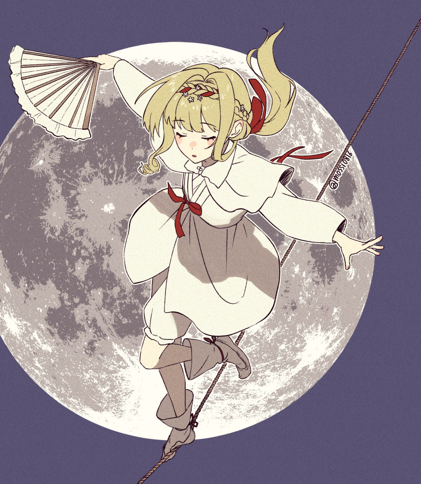 1girl, alternate_costume, balancing, blue_background, boots, braid, braided_bangs, closed_eyes