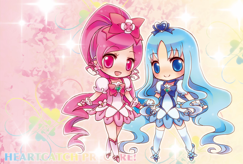 blue_eyes, blue_hair, blush, boots, bow, brooch, chibi, choker, cure_blossom, cure_marine, dress, hair_ornament, hair_ribbon, hairpin, hanasaki_tsubomi, heart, heartcatch_precure!, jewelry, kurumi_erika, long_hair, magical_girl, multiple_girls, payot, pink_eyes, pink_hair, ponytail, precure, ribbon, sakurya, shoes, smile, thigh-highs, thighhighs, white_legwear, wrist_cuffs