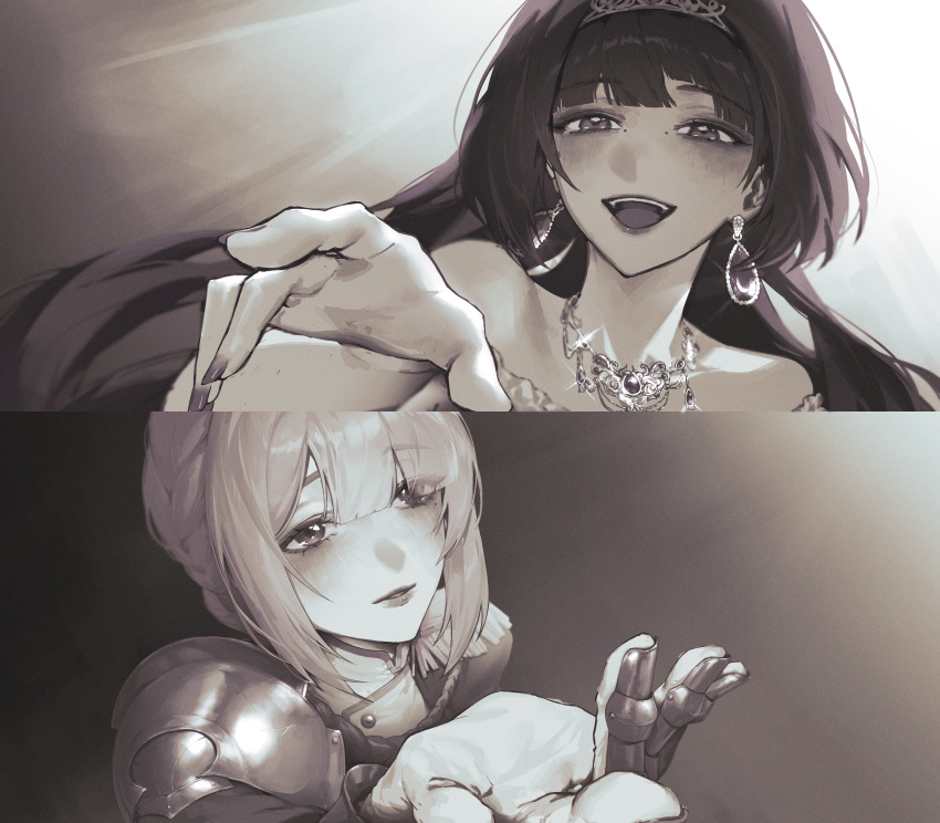 2bmm2, 2girls, absurdres, alternate_costume, armor, armored_gloves, astra_yao, bare_shoulders