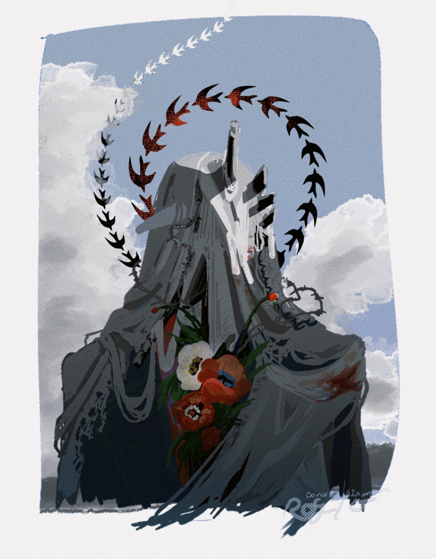 1boy, black_coat, blue_sky, border, charon_(reverse:1999), clouds, cloudy_sky, coat, covered_face, day, flower, grey_border, highres, male_focus, poppy_(flower), ra_n_(karo01and), red_flower, reverse:1999, simple_bird, sky, solo, upper_body, veil, white_flower, white_veil