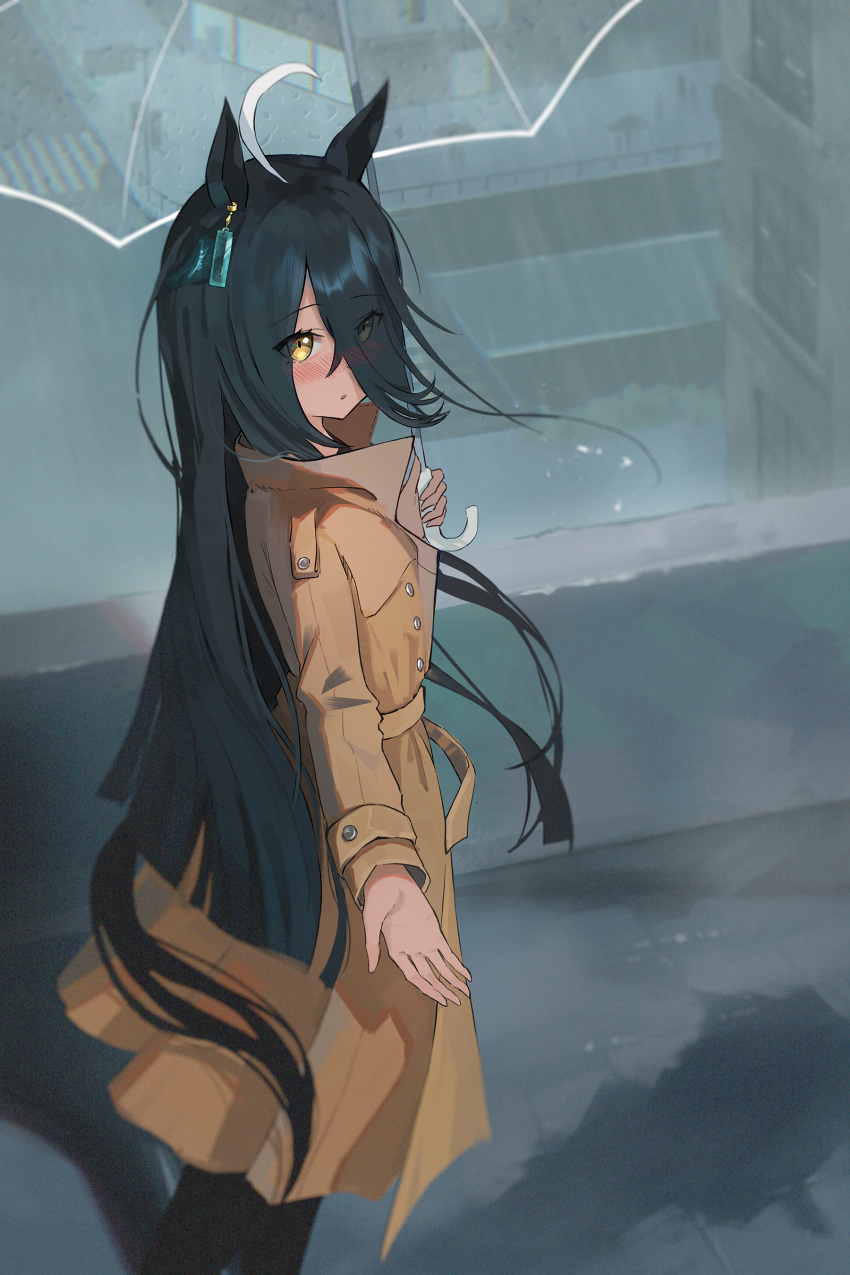 1girl, absurdres, ahoge, animal_ears, black_hair, black_pants, blush, brown_coat, coat, dev_grater, ear_tag, earrings, hair_between_eyes, highres, holding, holding_umbrella, horse_ears, horse_girl, horse_tail, jewelry, long_bangs, long_hair, long_hair_between_eyes, long_sleeves, looking_at_viewer, manhattan_cafe_(umamusume), multicolored_hair, outdoors, pants, parted_lips, rain, single_earring, solo, tail, trench_coat, umamusume, umbrella, very_long_hair, white_hair, yellow_eyes