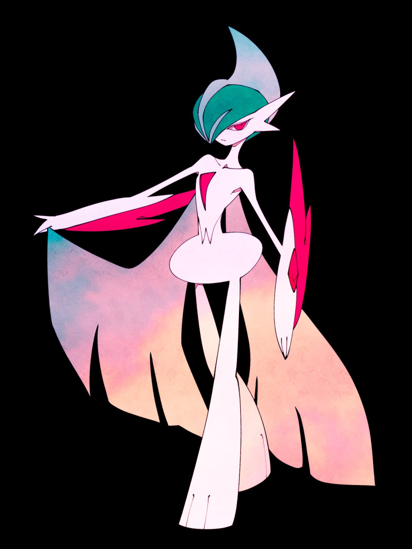 1other, adjusting_cape, arm_at_side, arm_blade, black_background, cape, colored_skin, facing_to_the_side