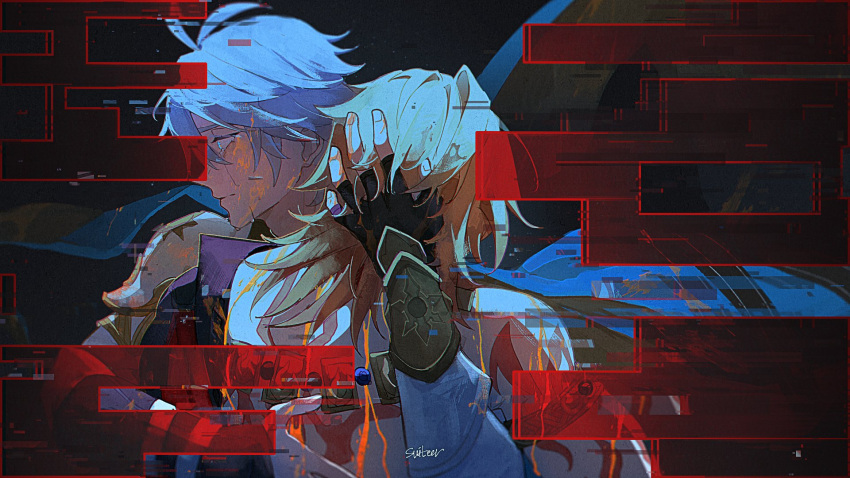 2boys, antenna_hair, arm_tattoo, armlet, armor, back_tattoo, black_gloves, blonde_hair, blood, blood_on_face, blue_cape, blue_eyes, cape, closed_mouth, commentary, crying, crying_with_eyes_open, english_commentary, facing_away, fingerless_gloves, glitch, gloves, gold_armlet, gradient_hair, hair_between_eyes, hand_on_another's_head, highres, honkai:_star_rail, honkai_(series), hug, jewelry, long_sleeves, male_focus, medium_hair, moonya, multicolored_hair, multiple_boys, mydei_(honkai:_star_rail), parted_bangs, pauldrons, phainon_(honkai:_star_rail), red_hair, short_hair, shoulder_armor, tattoo, tears, upper_body, vambraces, white_hair