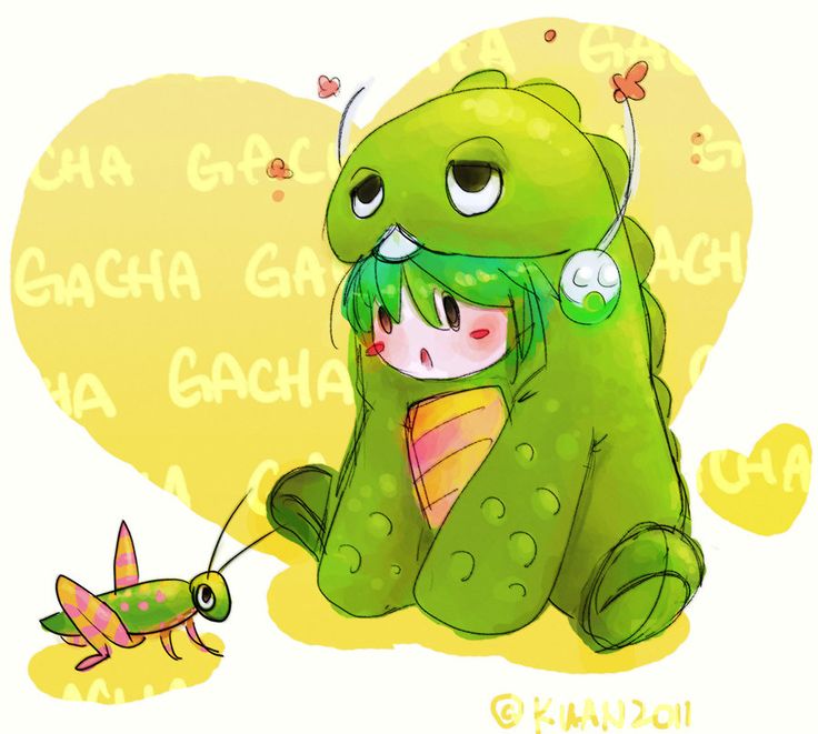1boy, aged_down, artist_name, blush_stickers, child, costume, cricket, gachapoid, green_hair, heart, heart_background, insect, kuanzoii, looking_at_another, non-web_source, ryuuto_(vocaloid), simple_background, sitting, size_difference, tagme, vocaloid, white_background, young