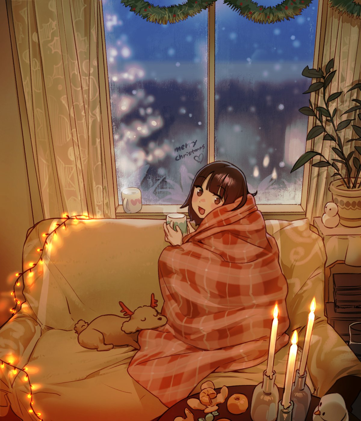 1girl, :d, blanket, blush, brown_hair, candle, candlestand, christmas, christmas_lights, christmas_tree, commentary, couch, cup, curtains, dini_illust, dog, english_text, fake_antlers, food, frost, fruit, highres, indoors, looking_at_viewer, mandarin_orange, merry_christmas, mug, original, plant, potted_plant, reflection, smile, snowman, steam, wrapped_in_blanket