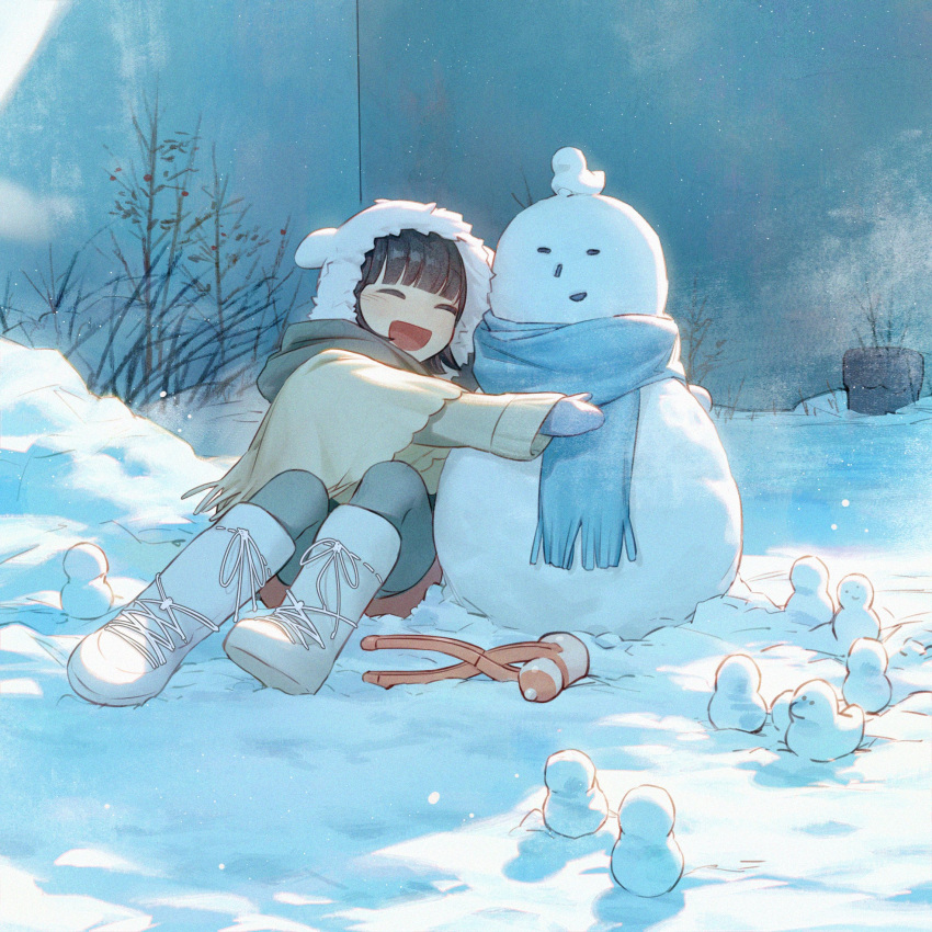 1girl, :d, black_hair, blue_scarf, blush, closed_eyes, commentary, dini_illust